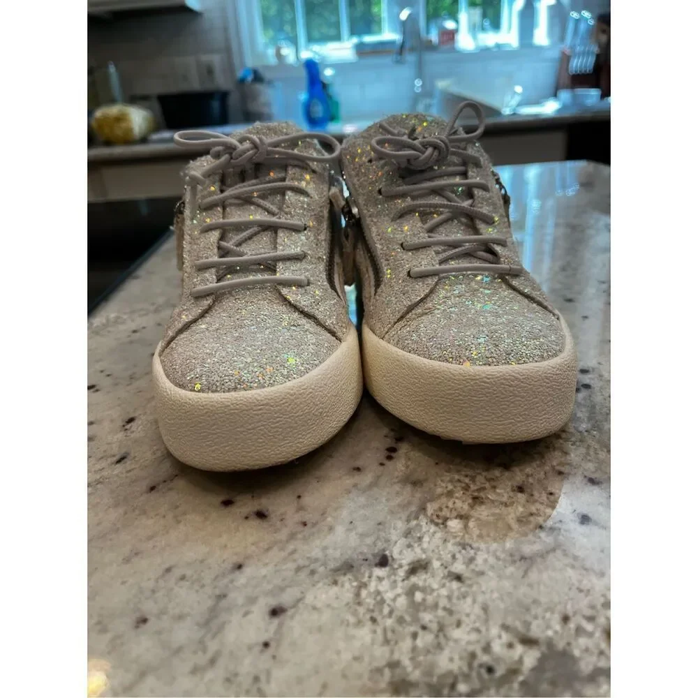 Giuseppe Zanotti White May London Glitter Side Zipper Sneakers Sz 37 or 6.5